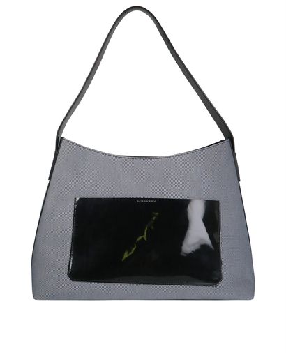 Pocket Shoulder Bag, &pound;90, Handbags, Black/Blue, Canvas/Patent Leather, Front view